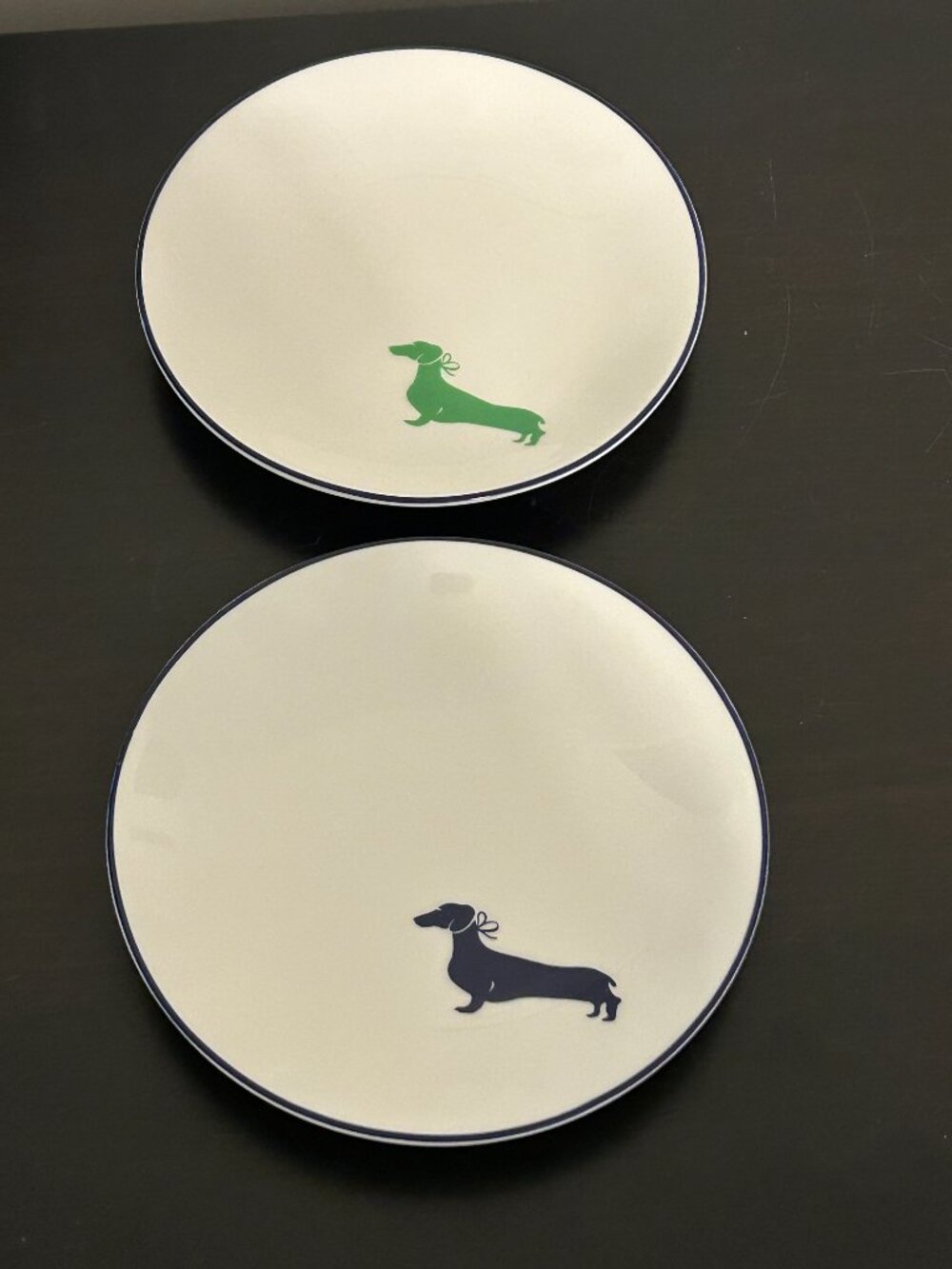 Set of 2 KATE SPADE Wickford Navy Blue Lime Green Dachshund Dog 6" Lenox Plates